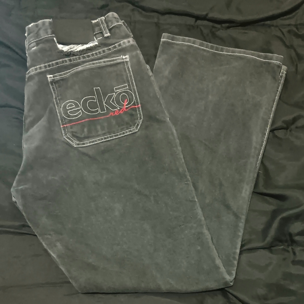 Ecko Unltd Reversible Baggy Denim Jeans Dark Gray/Silver Mens 35x32 Y2K/90s RARE